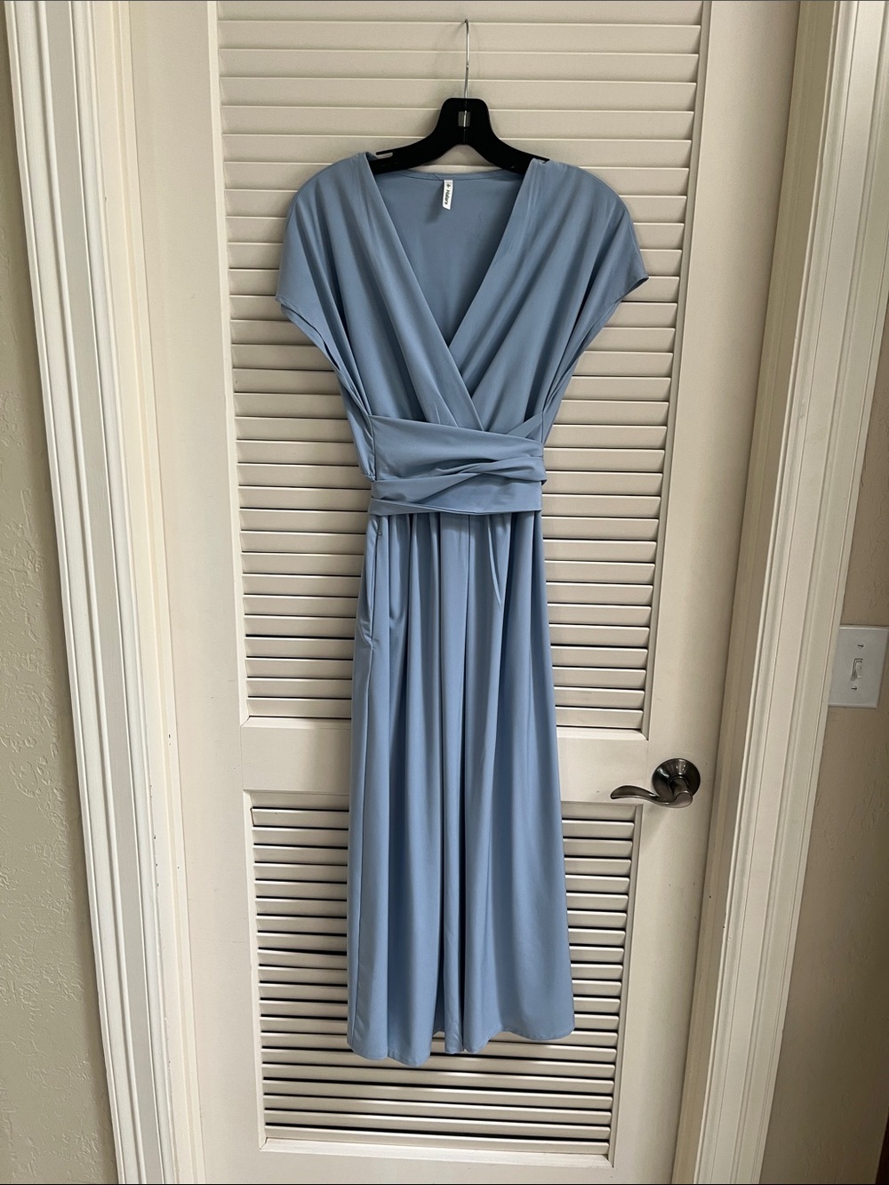 HALARA Light Blue Midi Wrap Dress with Waist Tie
